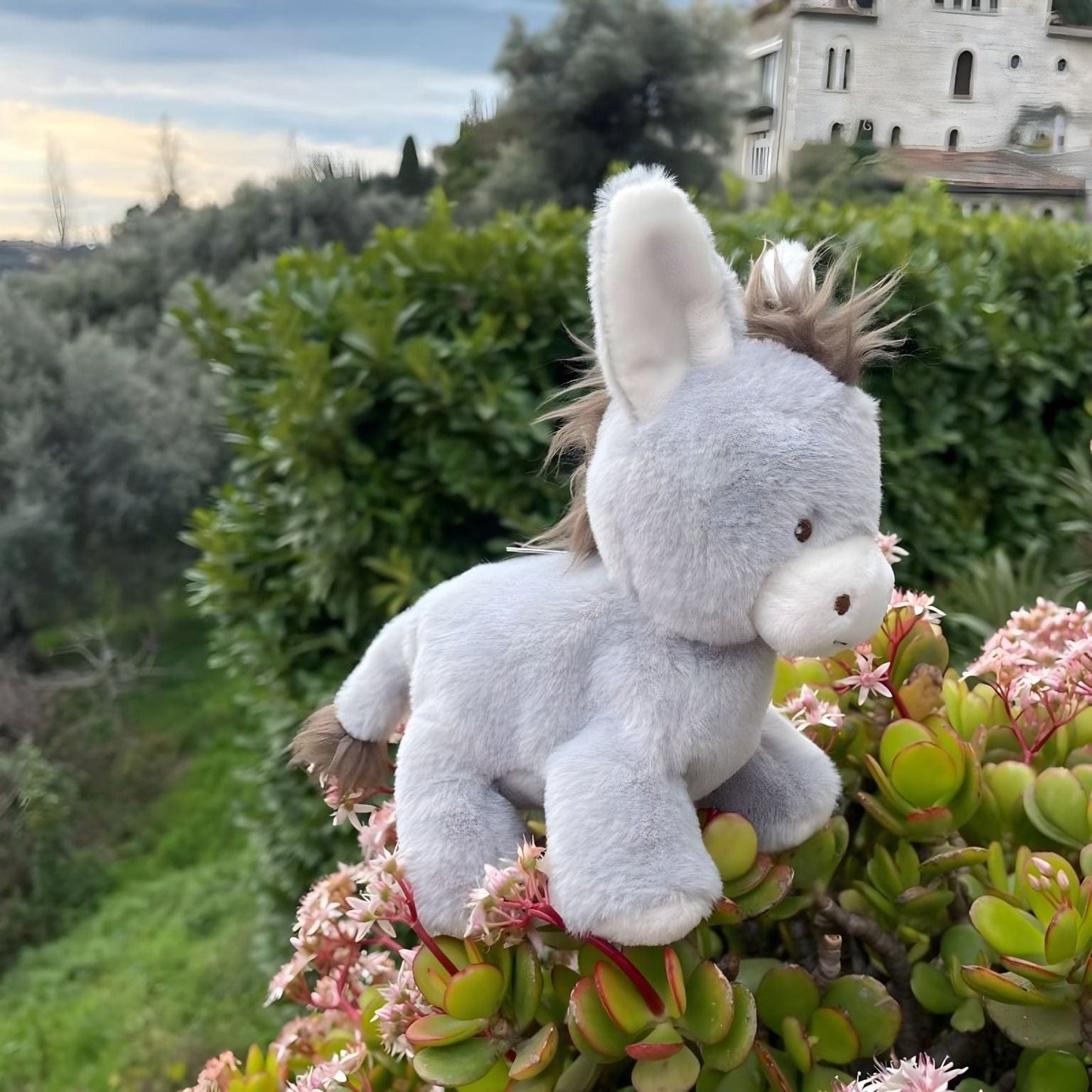 Burrinho de peluche bebé Christopher cinzento com crina castanha e expressão meiga