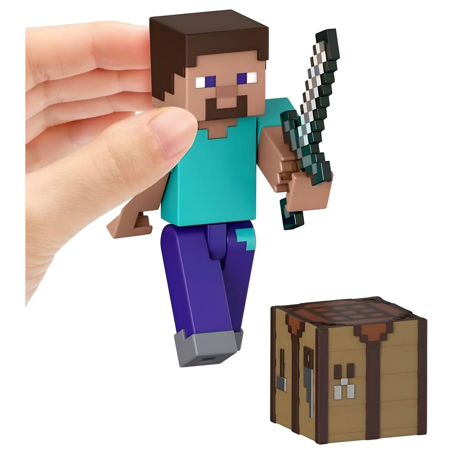 Figura Minecraft Steve com espada pixelizada e mesa de criação Minecraft
