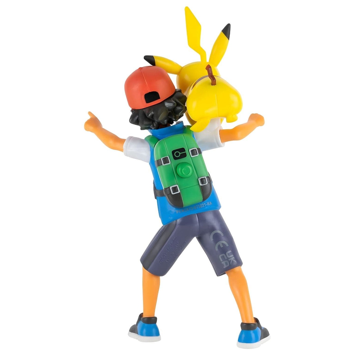 Figura Pokemon Ash e Pikachu em pose de batalha com Pikachu a saltar