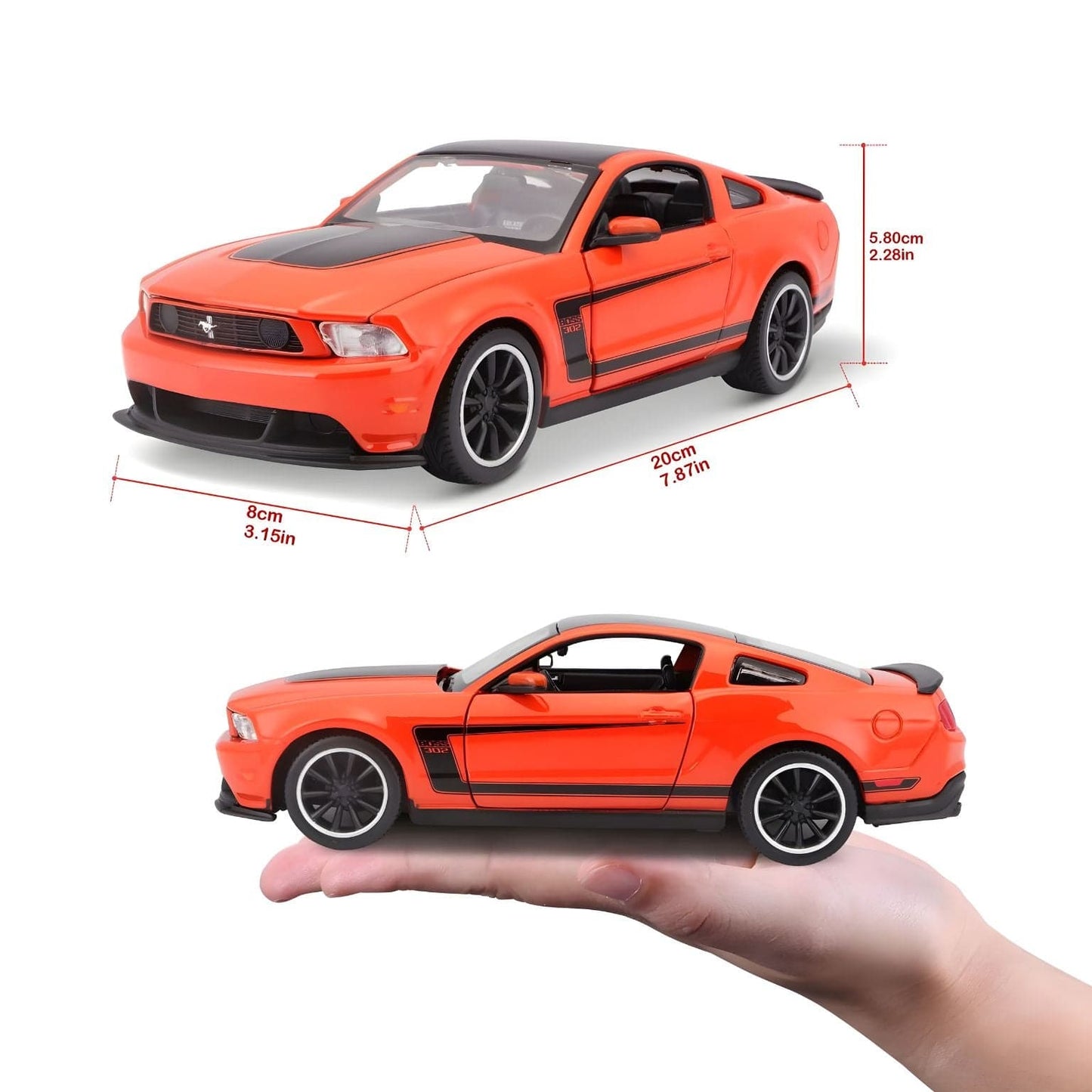 Ford Mustang Boss 302 Maisto laranja com detalhes pretos, miniatura de carro desportivo