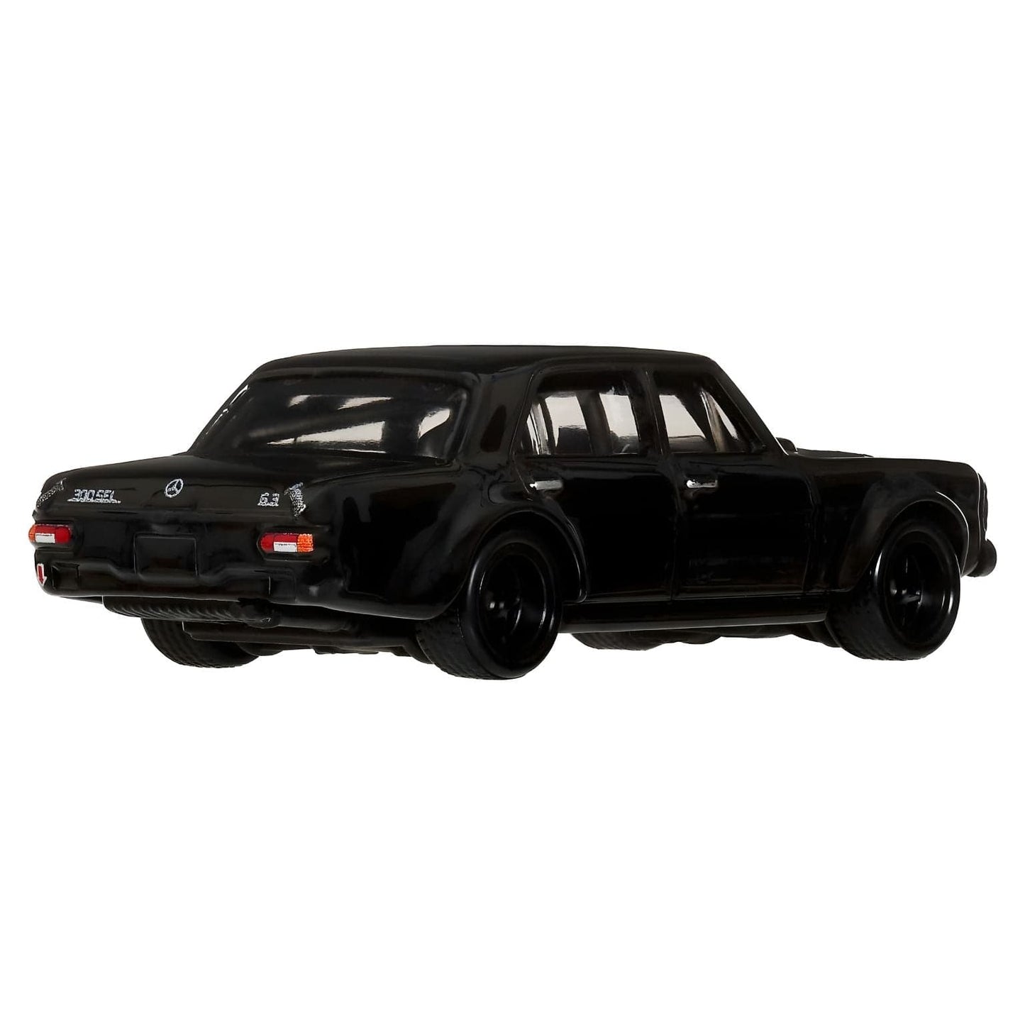 Hot Wheels Mercedes-Benz 300 SEL 6.8 AMG preto carro clássico em miniatura vista lateral e embalagem Car Culture