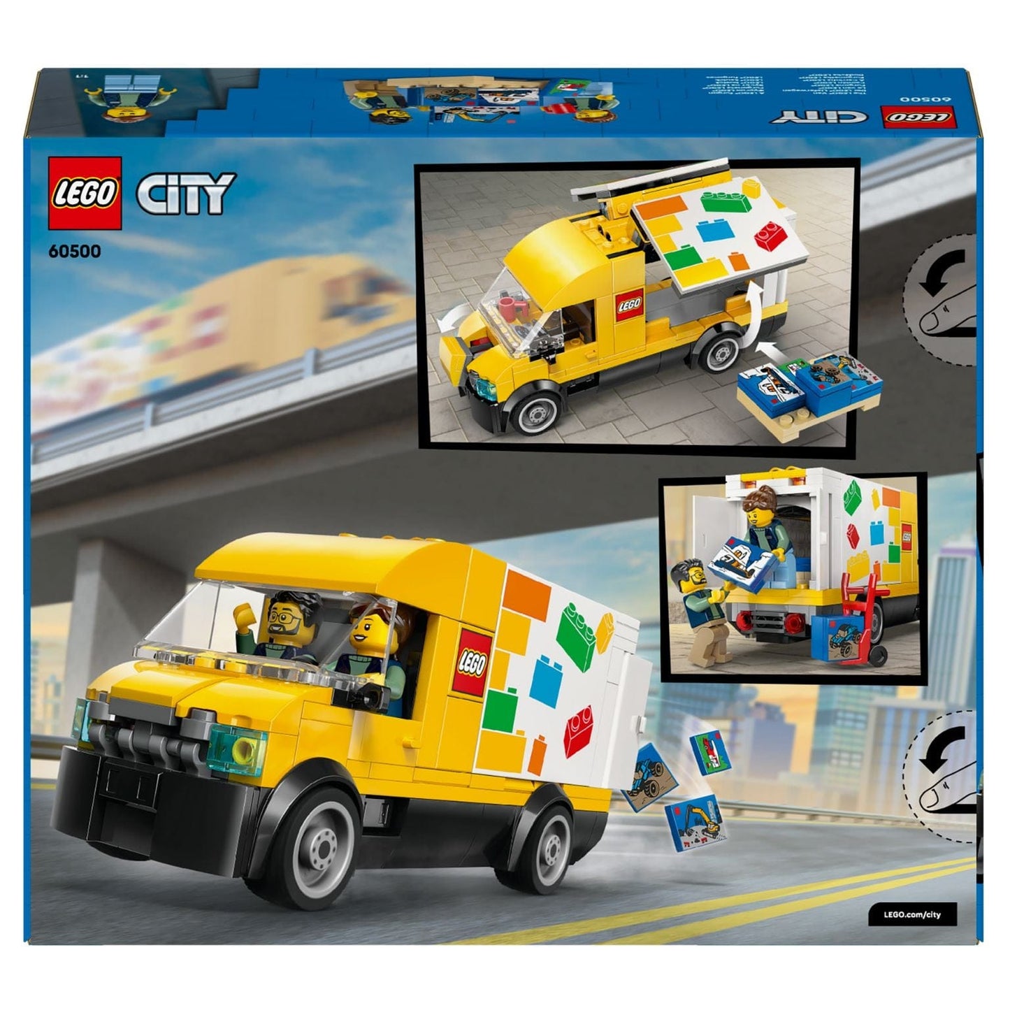 Carrinha LEGO City amarela com abertura lateral, caixas de entrega e personagens a brincar