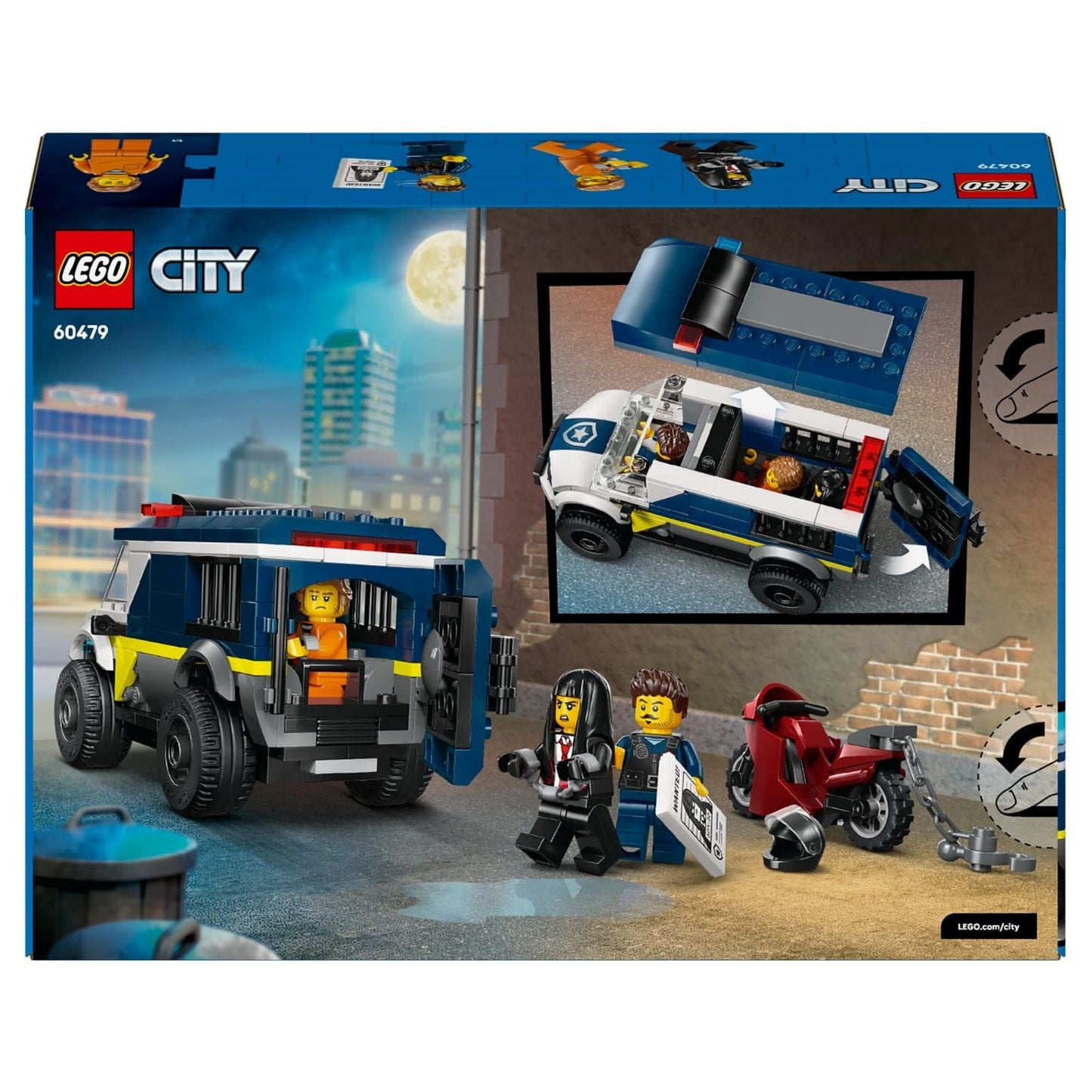 Lego City carrinha de transporte de prisioneiros da polícia com mota e minifiguras em perseguição