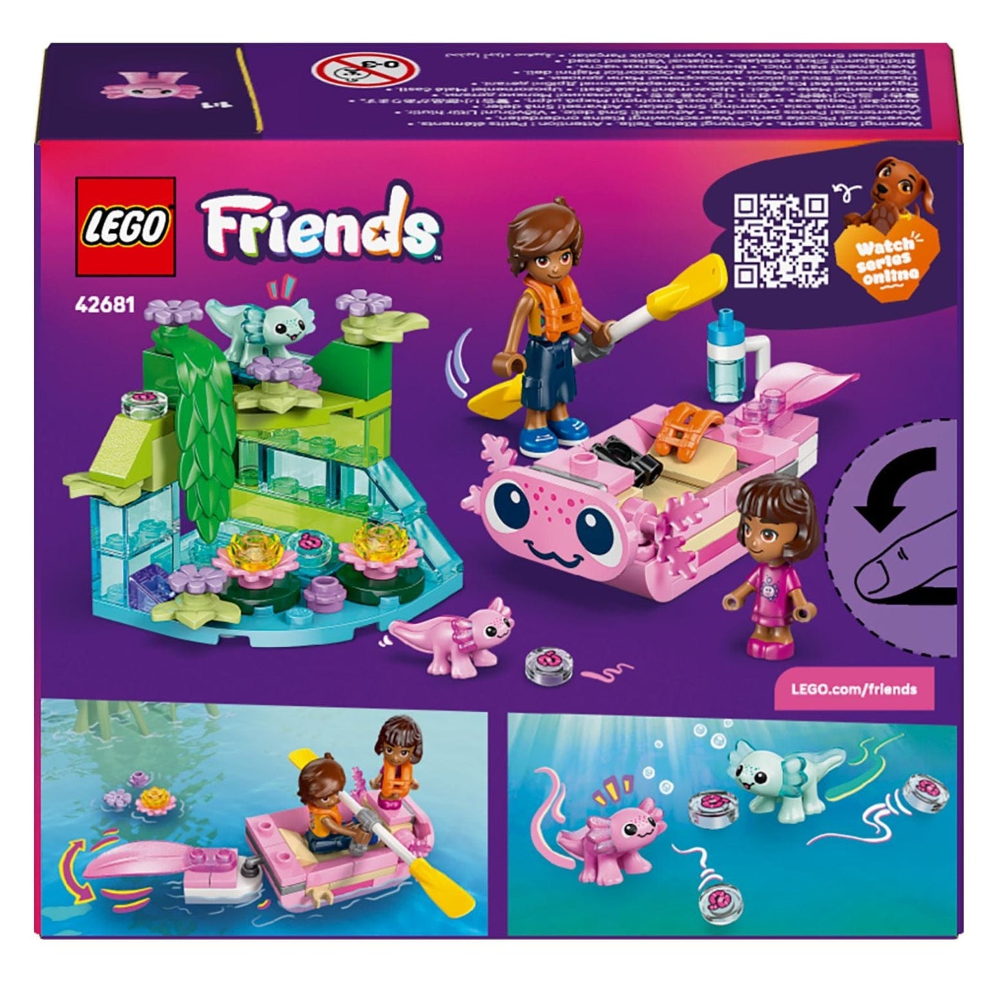 Lego Friends Barco de Aventuras em Forma de Axolote com barco cor-de-rosa e zona de lagoa com flores
