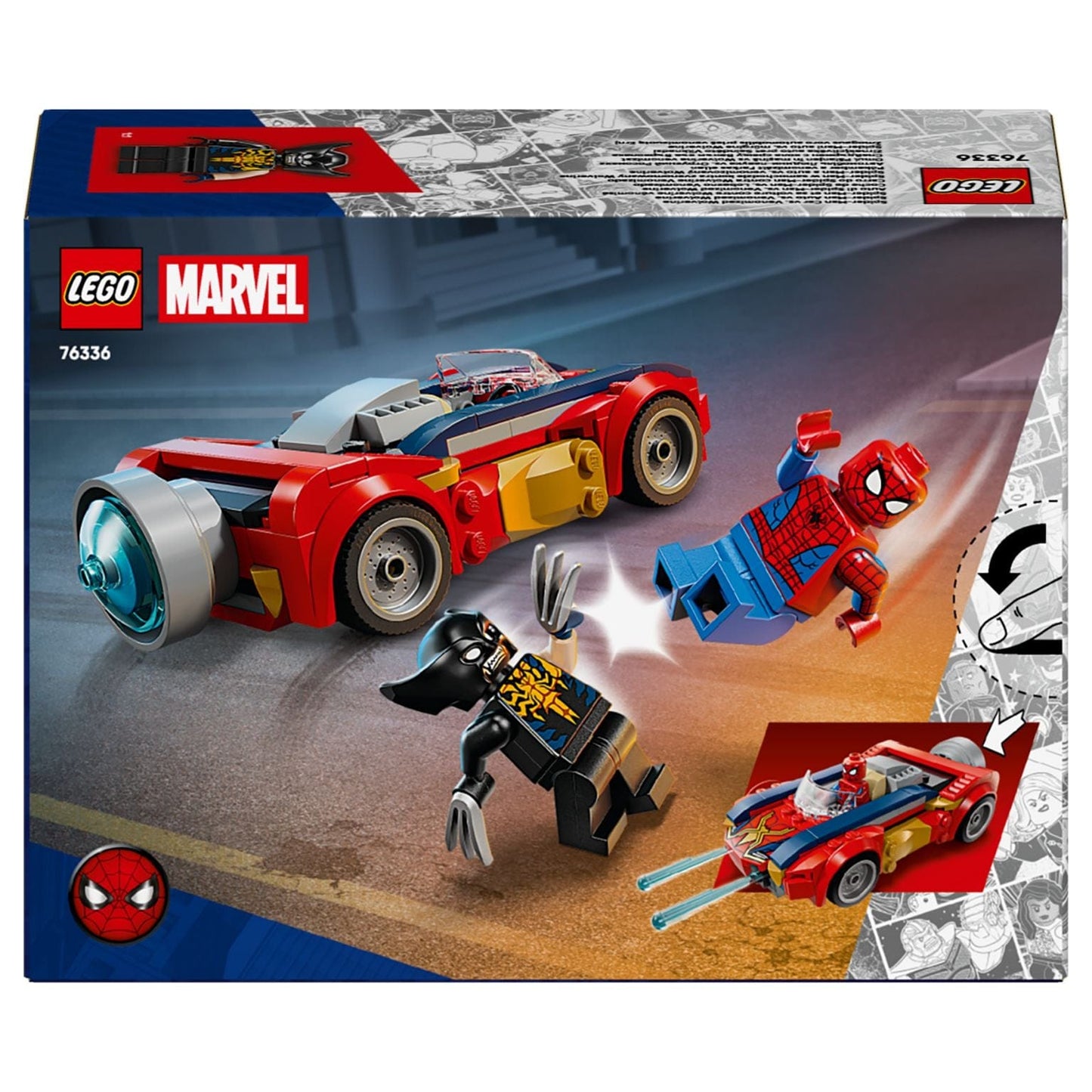 Lego Marvel Carro do Spider-Man contra Wolverine Venomizado com minifiguras e carro vermelho azul