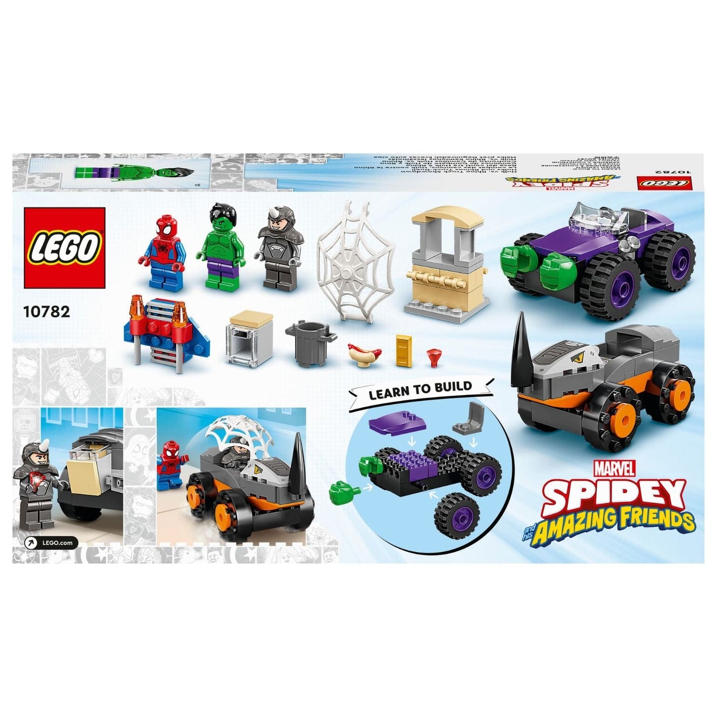 Lego Marvel Confronto de Camiões Hulk vs. Rhino com Hulk, Spidey e Rhino em veículos de ação