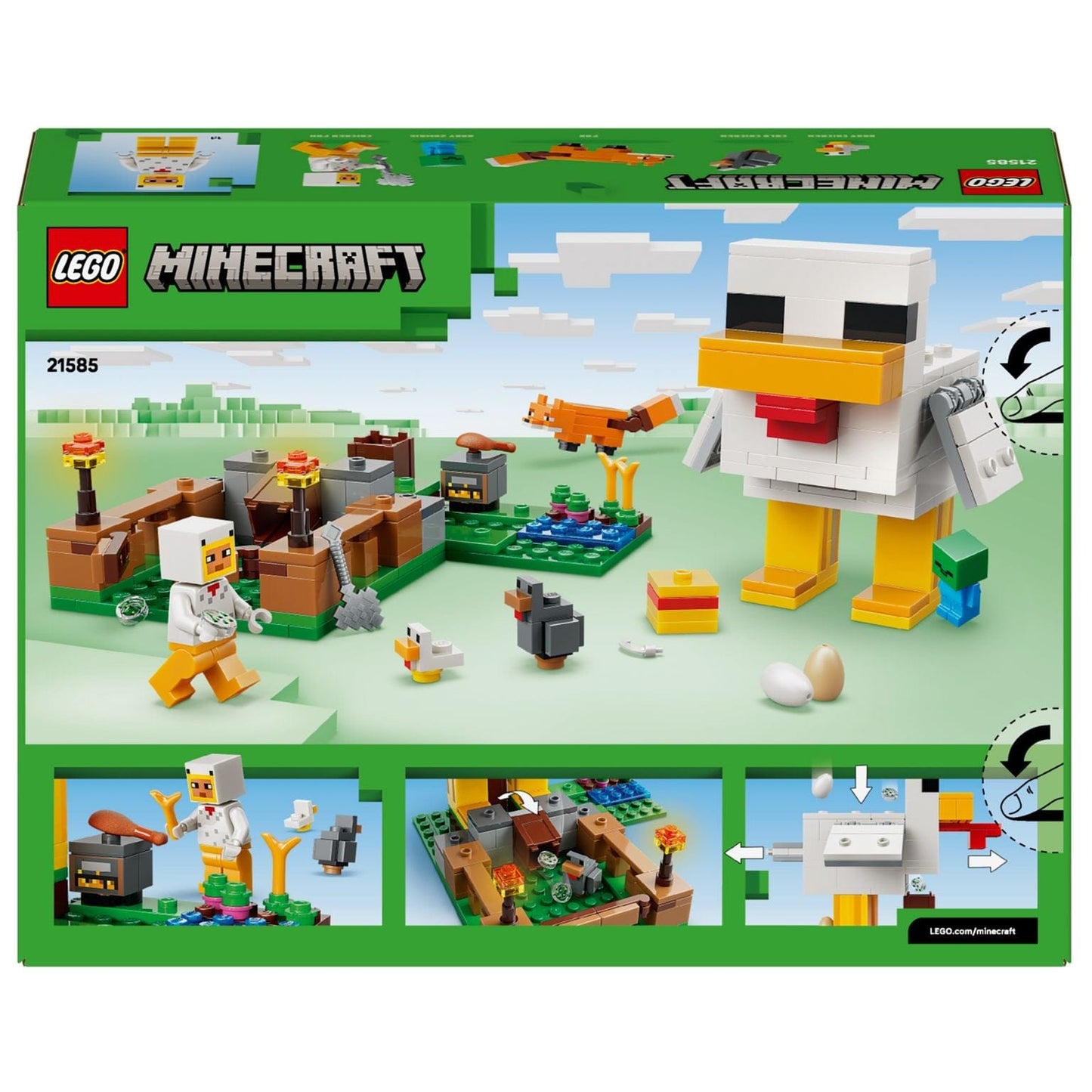 Lego Minecraft Quinta da Galinha com galinha grande, raposa e personagens em cenário de quinta