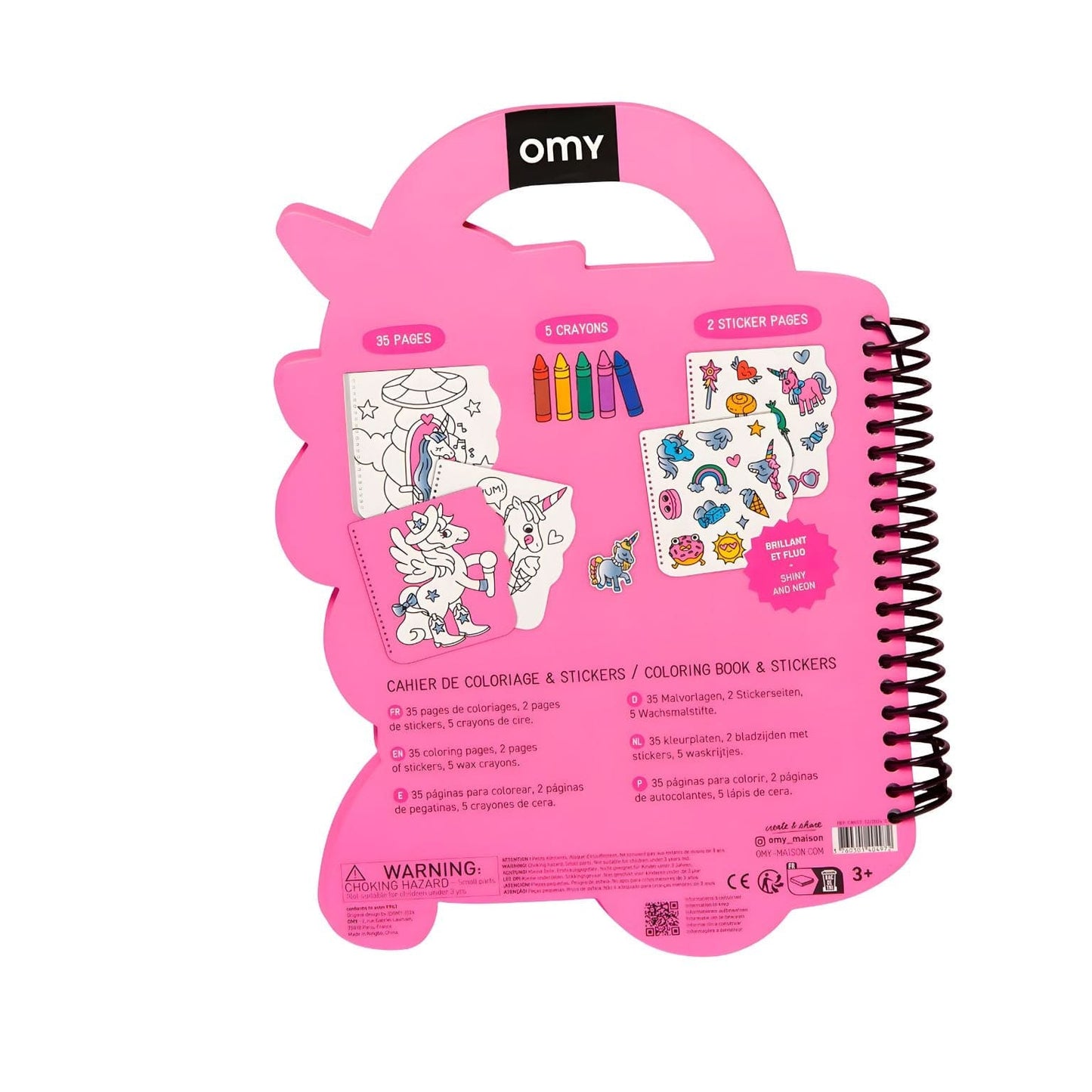 Livro de colorir e adesivos Lily da Omy em forma de unicórnio rosa com páginas para colorir, autocolantes e tema mágico infantil