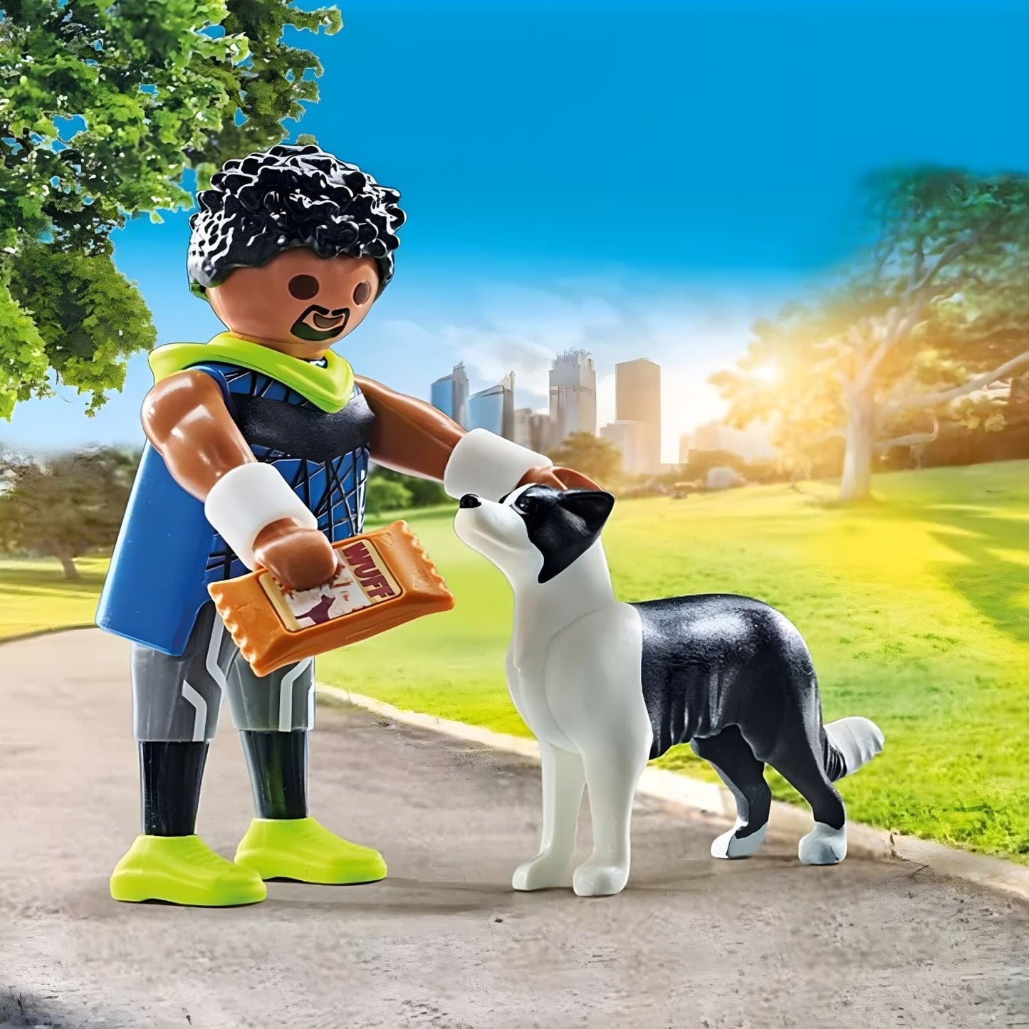 Playmobil Corredor com Border Collie com trela e recompensa num cenário de parque