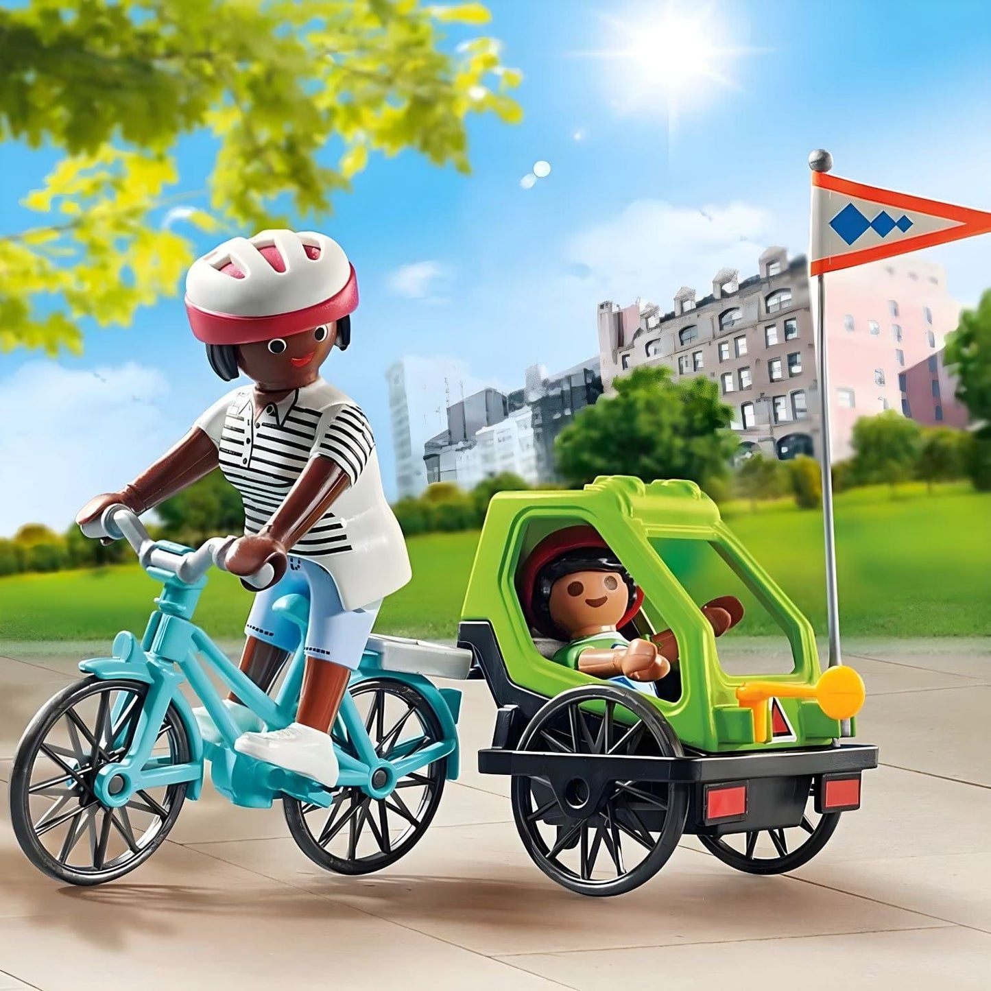 Playmobil Excursão em Bicicleta com adulto a pedalar e criança no atrelado em passeio no parque