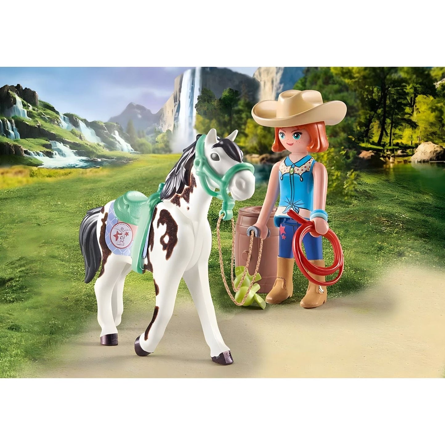 Playmobil Hora de comer com Ellie e Sawdust com Ellie, cavalo manchado e acessórios de rancho