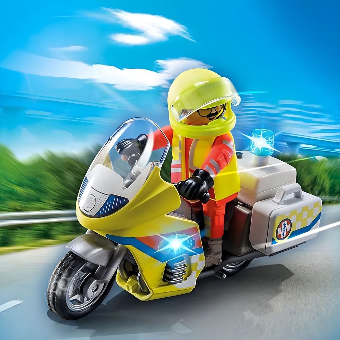 Playmobil Mota de Emergências com luz intermitente com figura de socorrista e mota amarela com luz azul