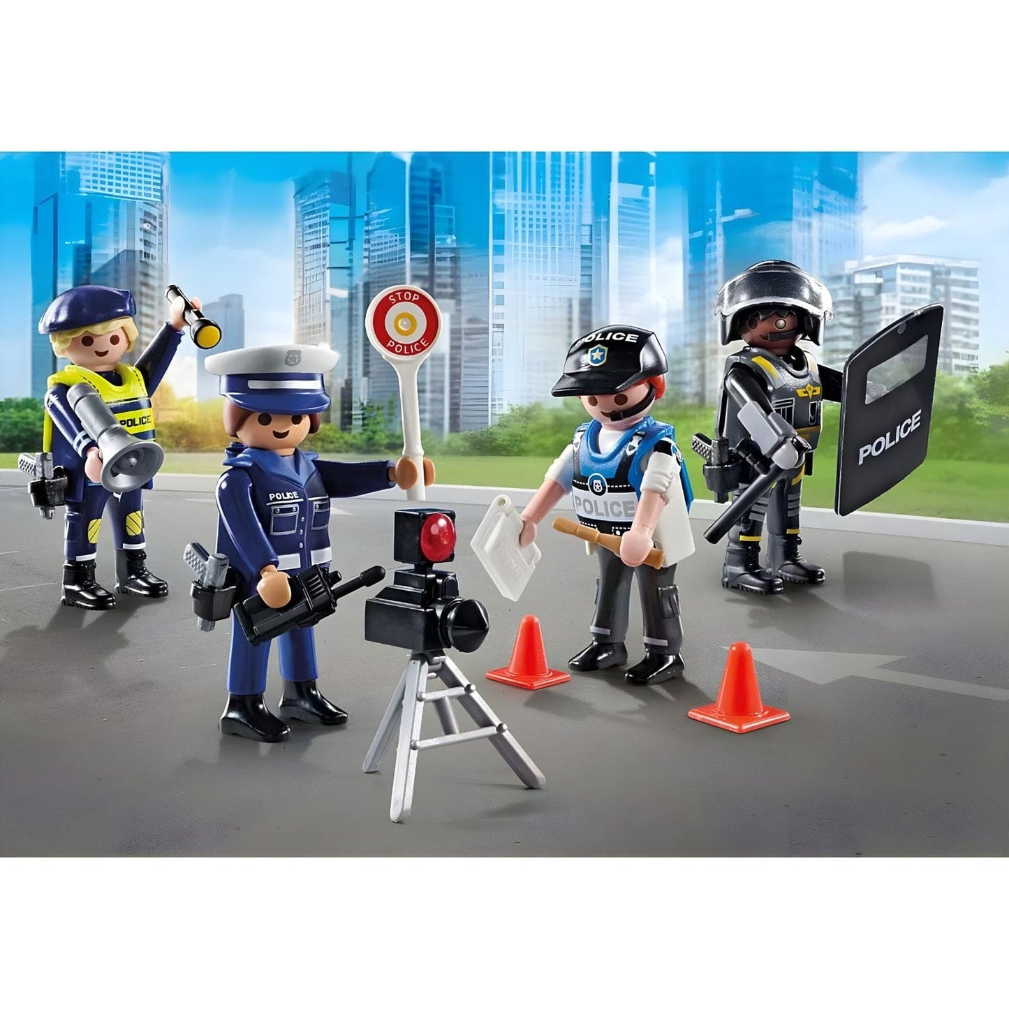 Playmobil Set figuras de polícia com agentes, acessórios de controlo de trânsito e cenário de rua
