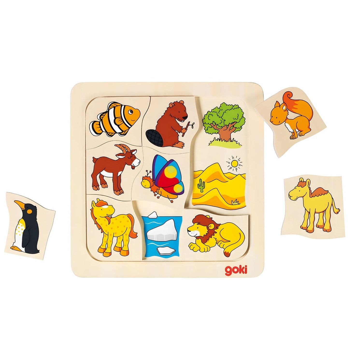 Puzzle madeira Onde vivo da Goki com animais e habitats para associação infantil