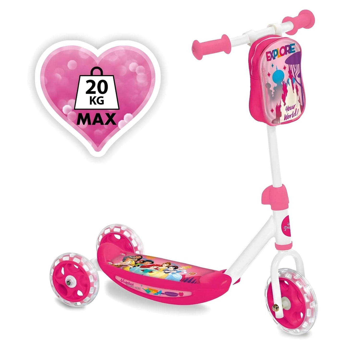 Trotinete 3 Rodas das Princesas Disney cor-de-rosa com ilustrações das princesas e guiador branco