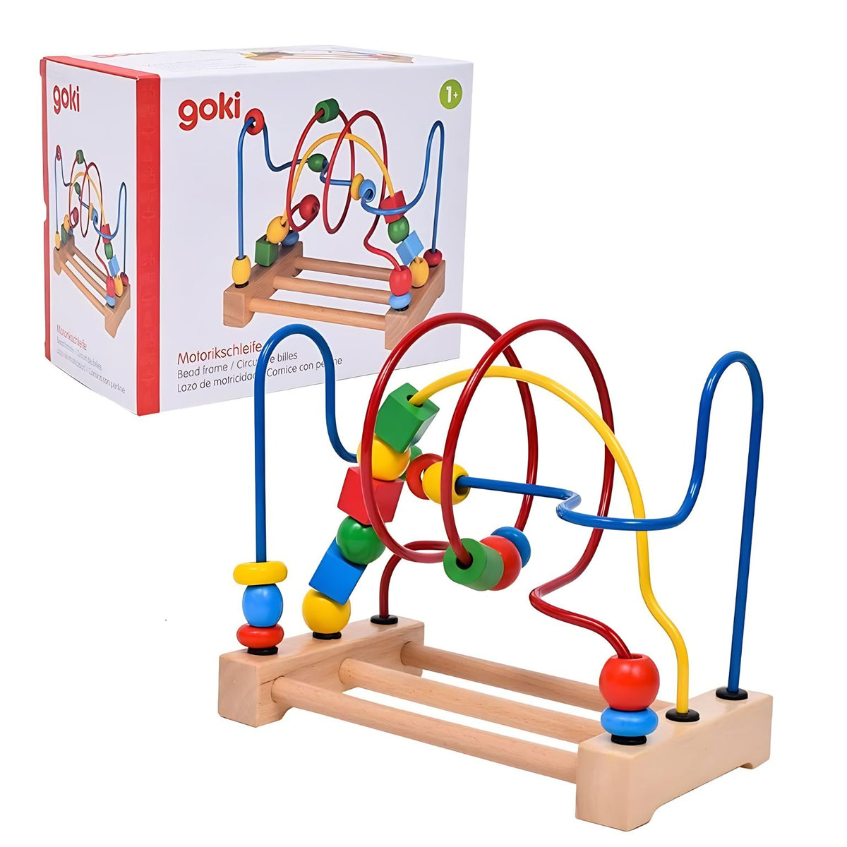 Brinquedo infantil de contas de madeira com percurso em espiral