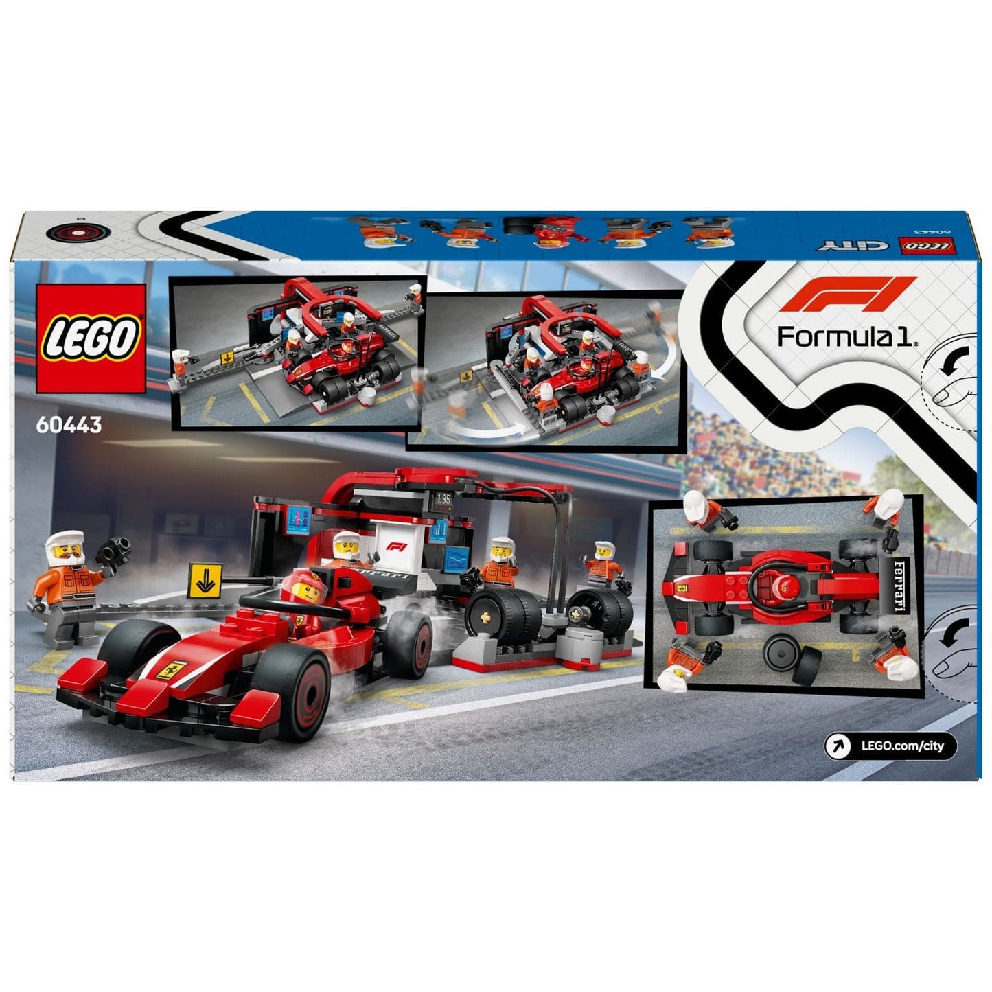 Apresentamos Lego City Boxe de F1 e Equipa da Boxe com Carro da Ferrari com o SKU 666044325 recomendado para + 6 anos