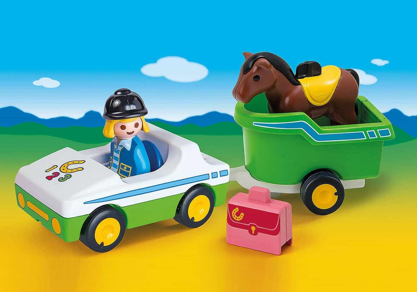 Apresentamos Playmobil 1.2.3 Carro com Reboque para Cavalo com o SKU 657018121 recomendado para + 12 meses