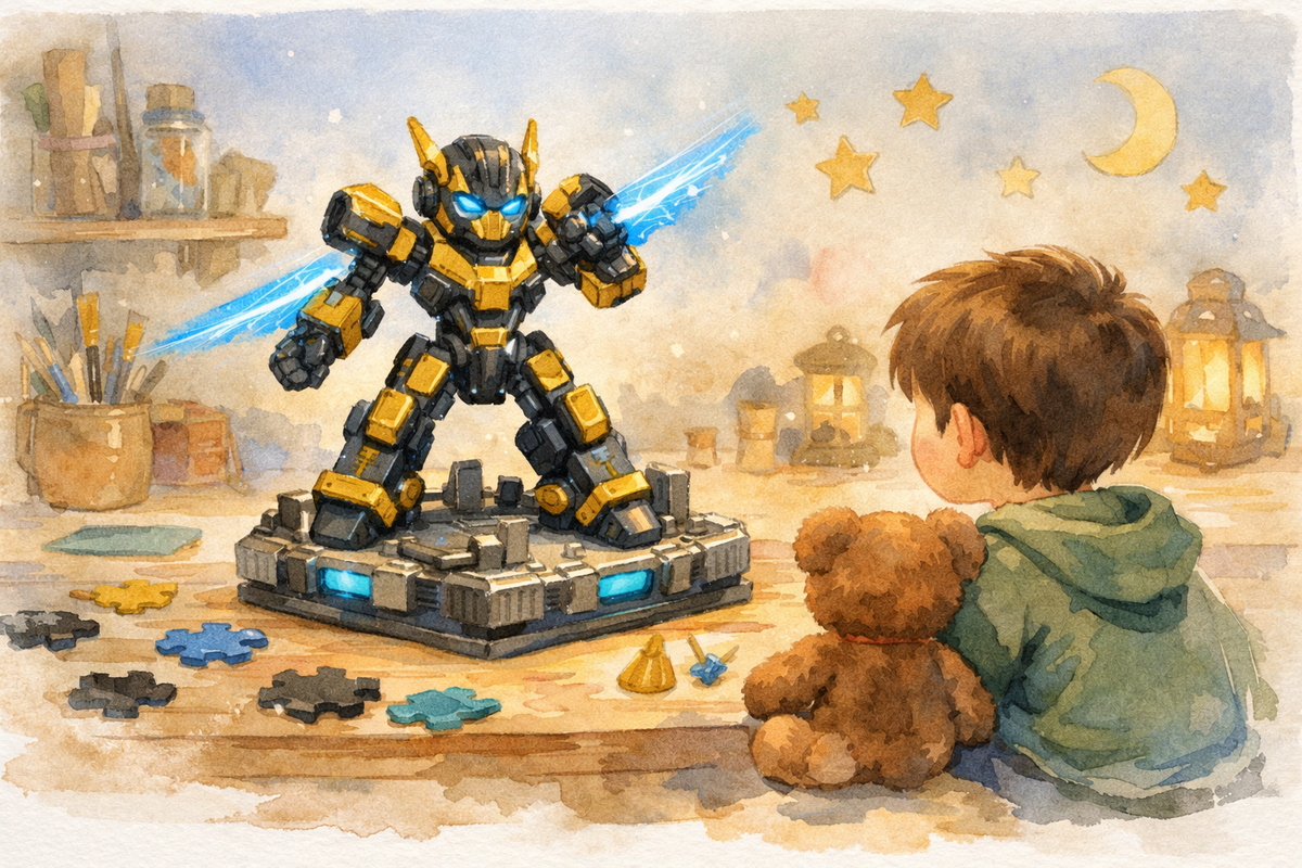 Ilustração em aquarela de um robô dourado e preto com brilho azul, numa oficina acolhedora, sobre uma pequena base de cenário, observado por uma criança em estilo cartoon.
