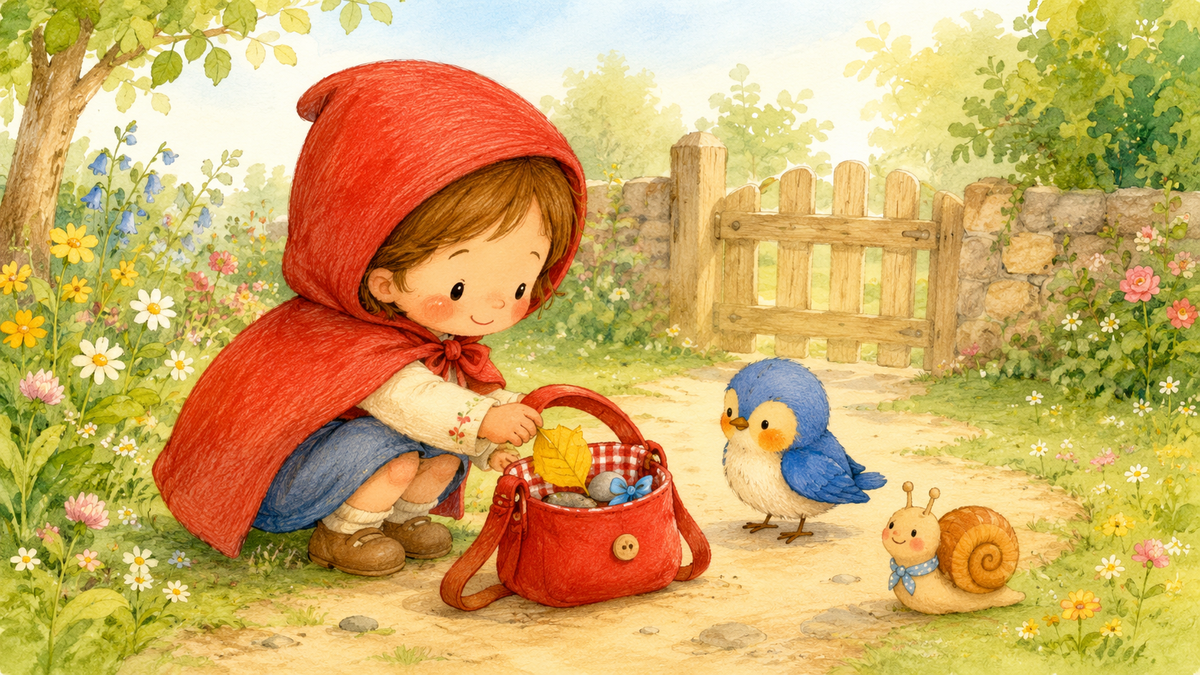 Ilustração infantil de uma criança com uma bolsa vermelha a guardar pequenos tesouros num caminho de jardim.