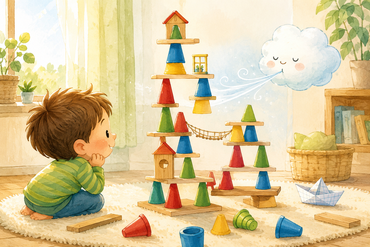Criança cartoon observa uma torre colorida de peças de equilíbrio numa sala luminosa.