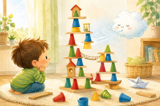 Criança cartoon observa uma torre colorida de peças de equilíbrio numa sala luminosa.