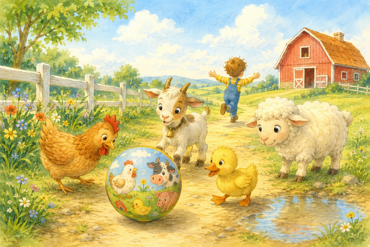 Ilustração de uma bola com animais da quinta a rolar por um caminho numa manhã alegre.