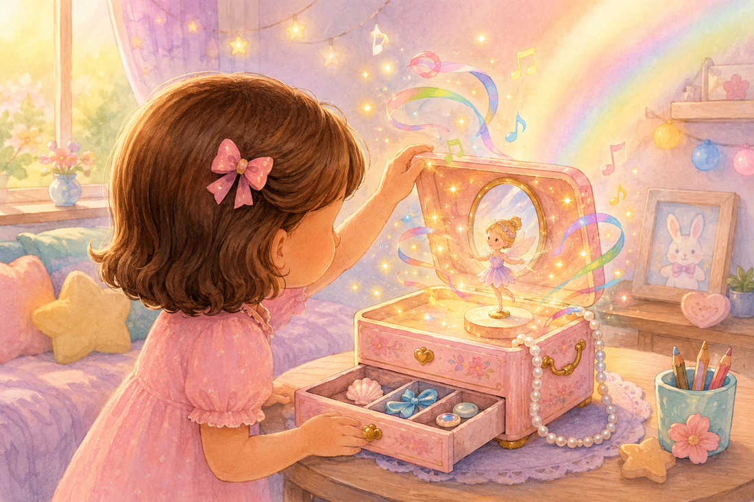 Ilustração de uma criança a abrir uma guarda-joias musical enquanto luzes coloridas saem da caixa.
