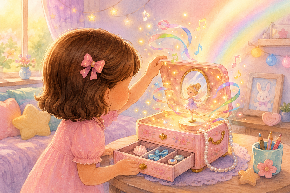 Ilustração de uma criança a abrir uma guarda-joias musical enquanto luzes coloridas saem da caixa.