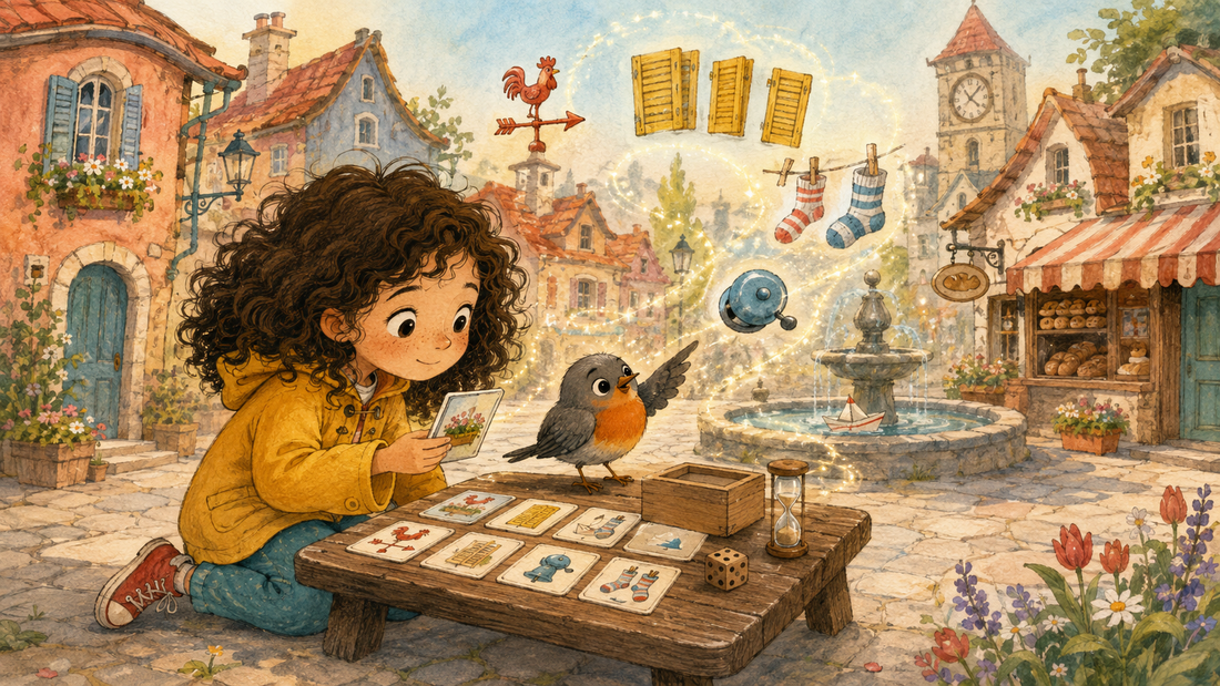Leonor observa cartas ilustradas numa vila onde pequenos pormenores regressam em trilhos de luz.