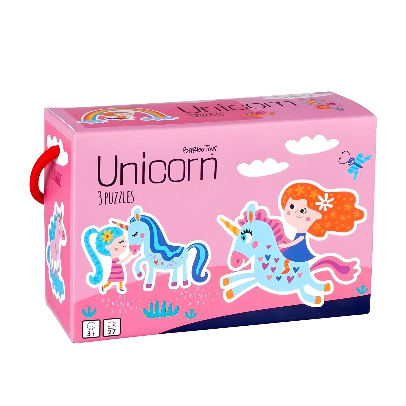 3 Puzzles Mágicos de Unicórnio Barbo Toys com menina, unicórnios, arco-íris e flores coloridas