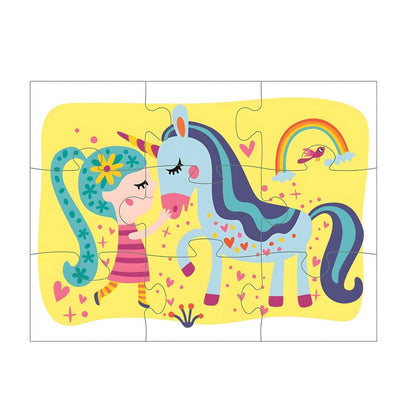 Puzzle de menina a abraçar unicórnio azul dos 3 Puzzles Mágicos de Unicórnio