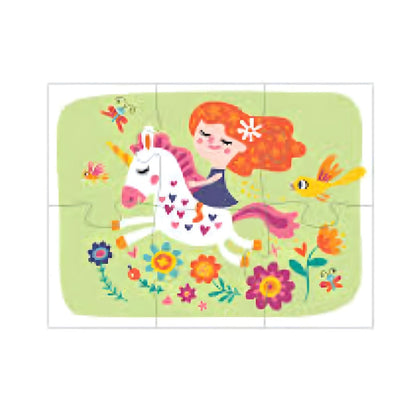 Puzzle de menina montada num unicórnio entre flores dos 3 Puzzles Mágicos de Unicórnio