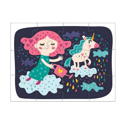 Puzzle de fundo escuro com menina e unicórnio dos 3 Puzzles Mágicos de Unicórnio