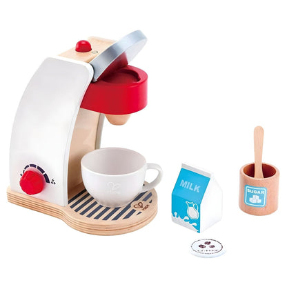 A minha Máquina de café em madeira com chávena, leite e açúcar