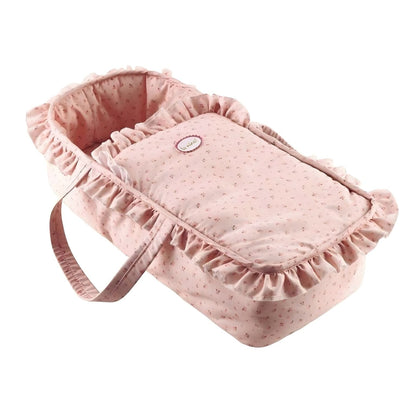 Alcofa Olívia para Bonecas rosa com folhos e padrão delicado, para transportar e aconchegar a boneca
