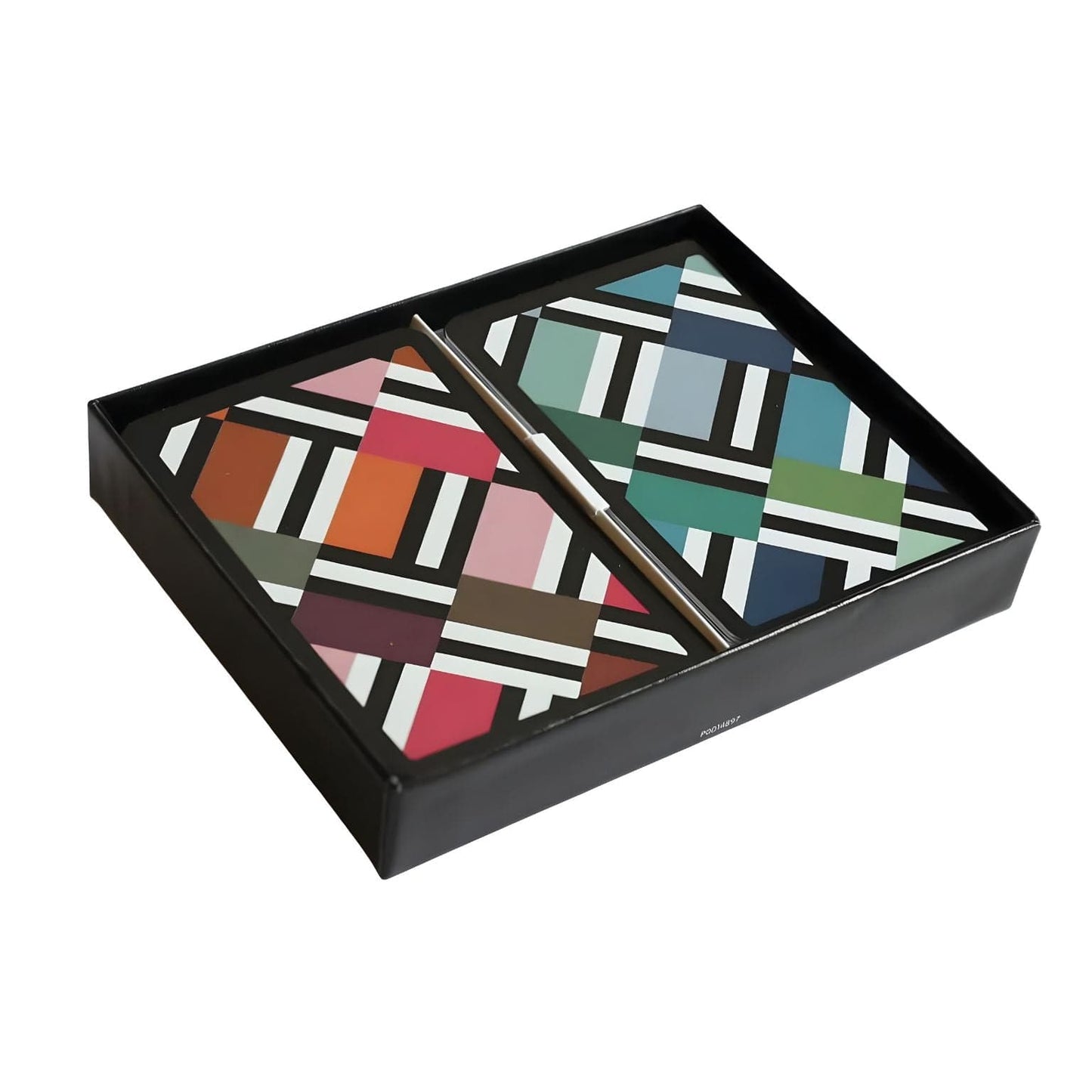 Baralho de Cartas Duplo Bauhaus da Piatnik com padrão geométrico colorido em caixa preta