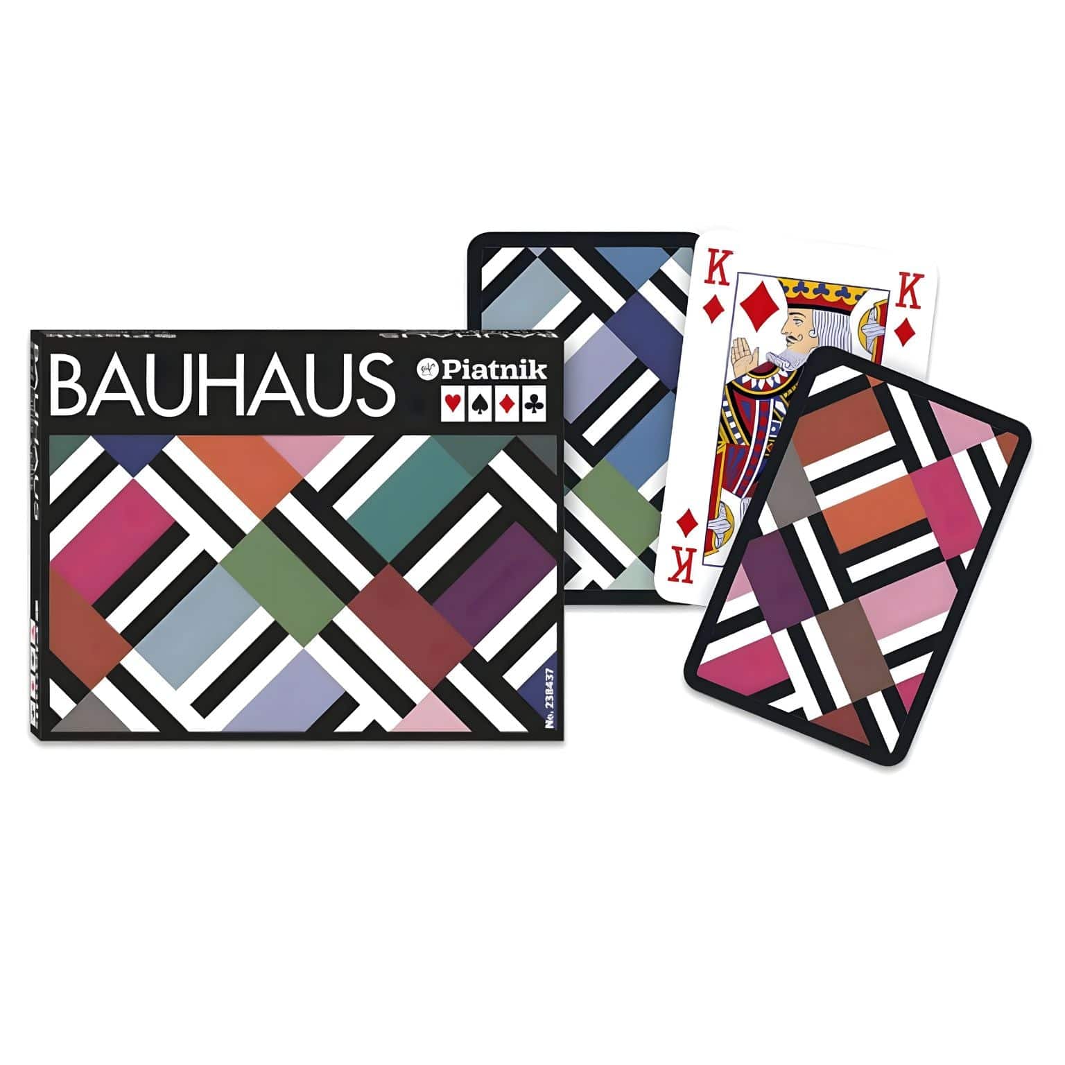 Baralho de Cartas Duplo Bauhaus da Piatnik com padrão geométrico colorido em caixa preta