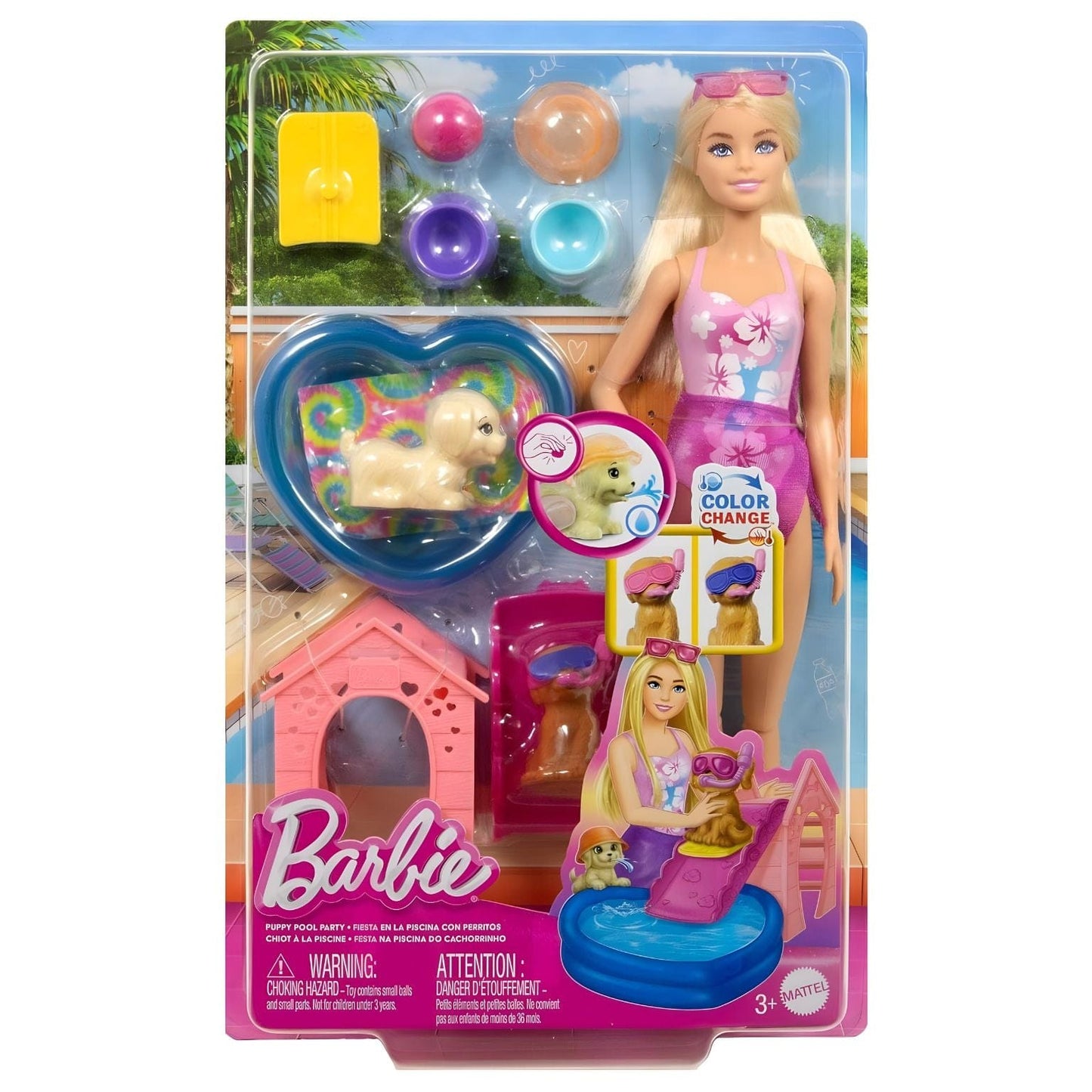 Barbie Festa das mascotes na Piscina com boneca Barbie, piscina e cachorrinhos, festa de verão com acessórios