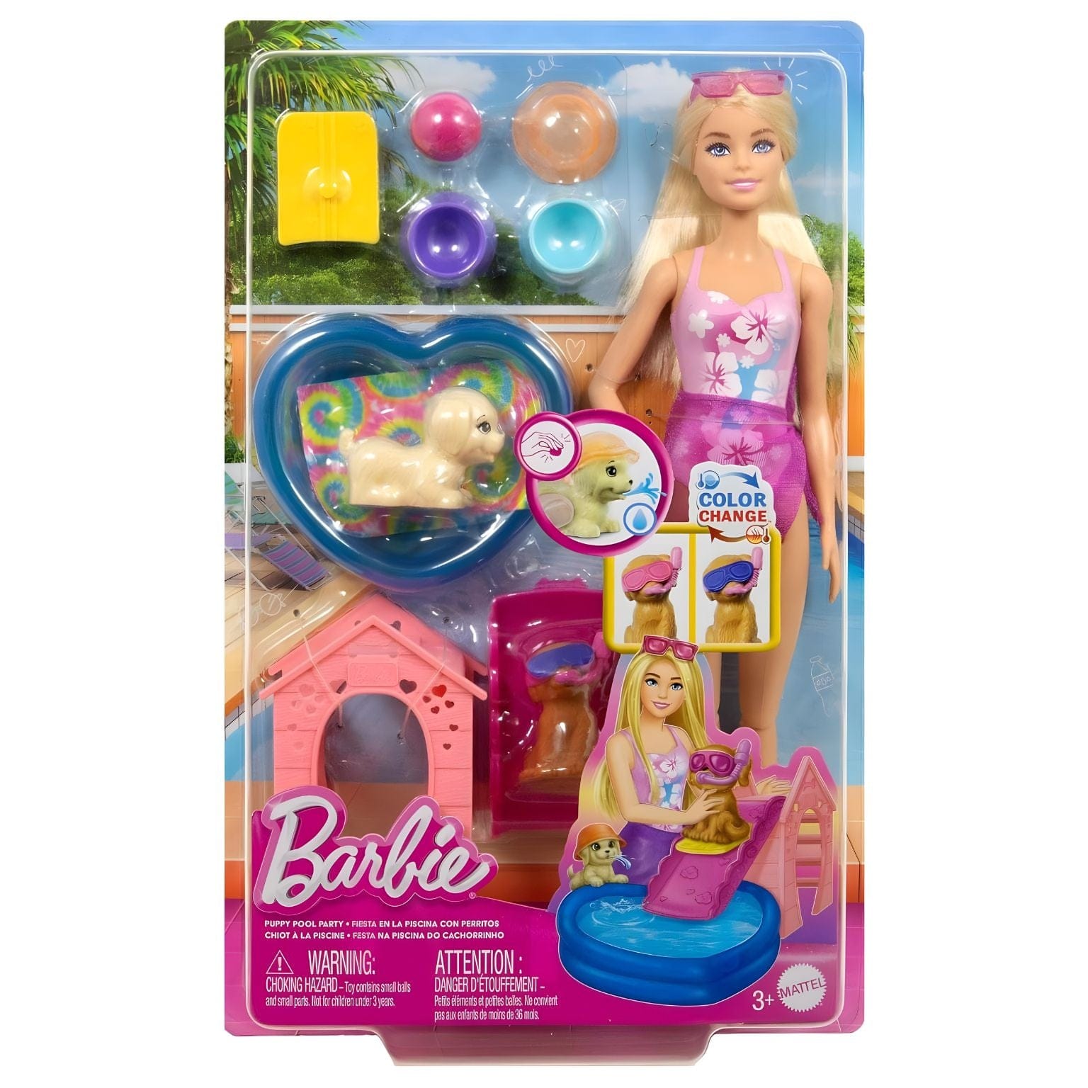 Barbie Festa das mascotes na Piscina com boneca Barbie, piscina e cachorrinhos, festa de verão com acessórios