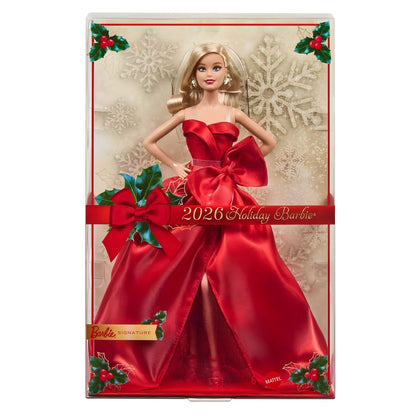 Barbie Signature Holiday 2026 com vestido vermelho na caixa