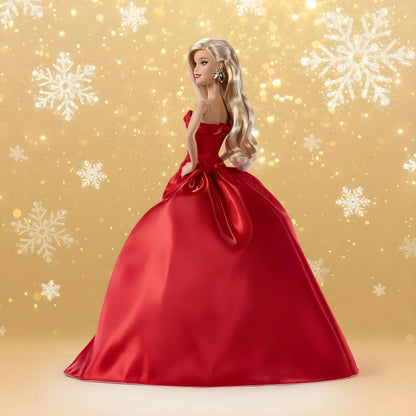 Barbie Signature Holiday 2026 vista de costas sobre fundo dourado