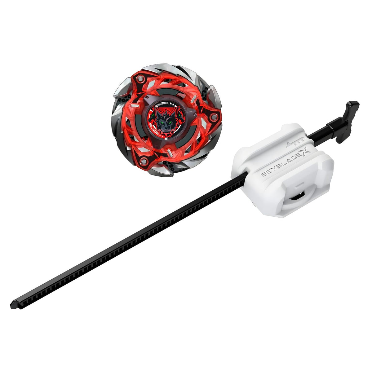 Pião Beyblade X Flame Cerberus W 5-80WB vermelho e prateado, apresentado sobre fundo claro.