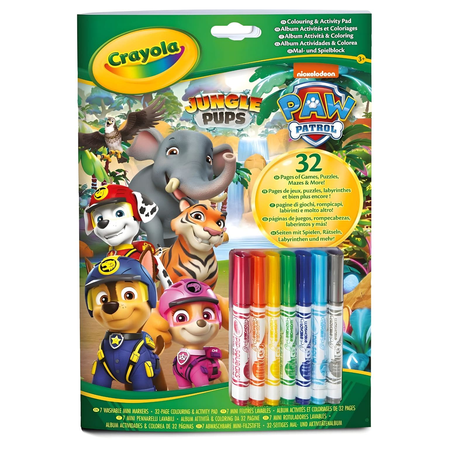 Bloco de atividades da Patrulha Pata Crayola com páginas para colorir e jogos criativos