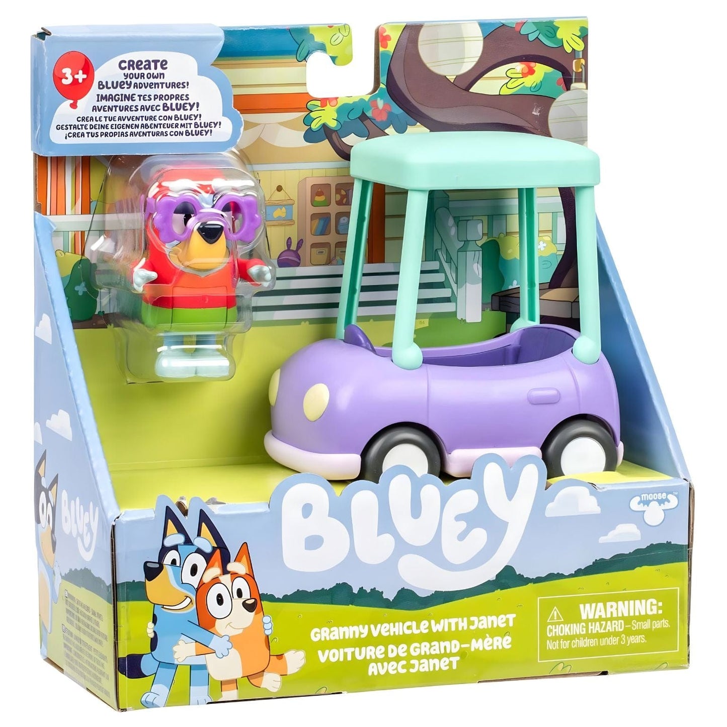 Bluey Janet e Granny Car com carro roxo e tejadilho verde e figura da Janet com óculos roxos
