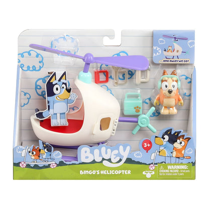 Bluey O Helicóptero do Bingo na embalagem, com figuras da Bluey e do Bingo