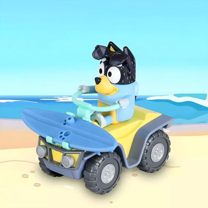 Bandit a conduzir o quad com prancha de surf na praia