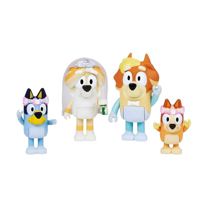 Quatro figuras Bluey Dia de Casamento com noiva de véu