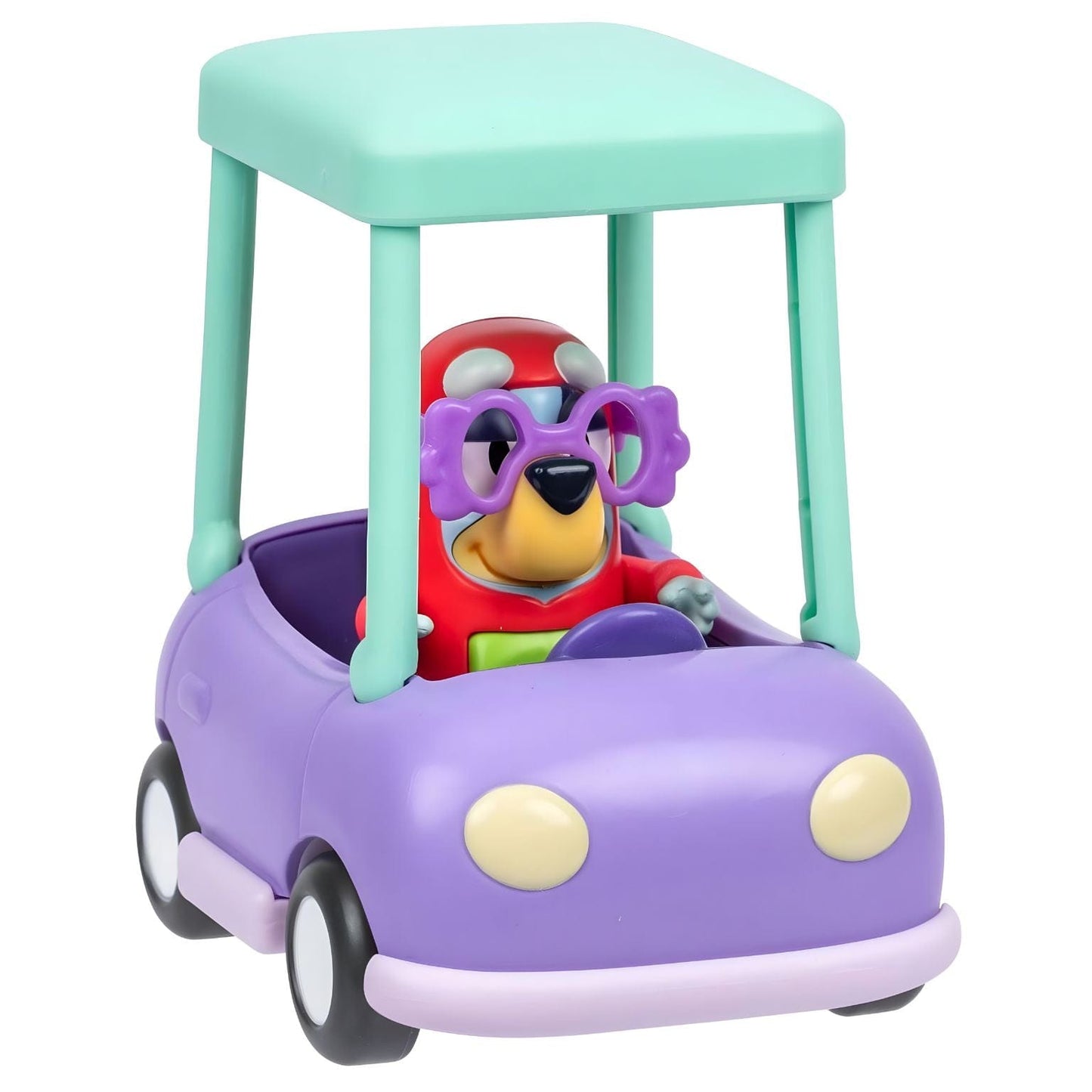 Bluey Janet e Granny Car com carro roxo e tejadilho verde e figura da Janet com óculos roxos