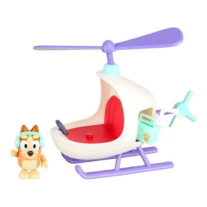 Helicóptero do Bingo branco com hélice lilás e a figura do Bingo ao lado